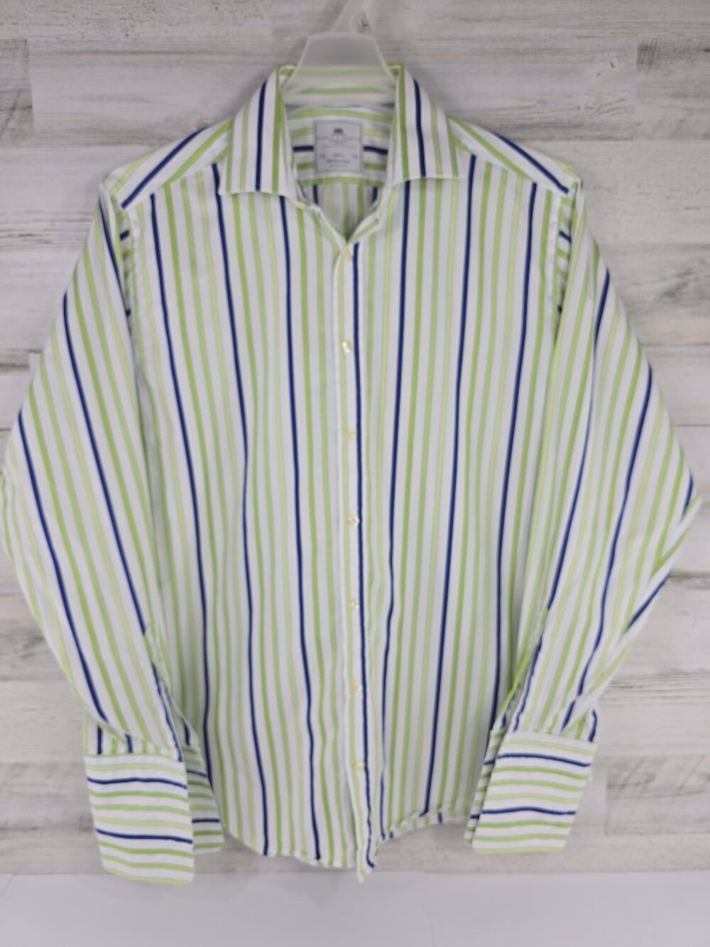 Hawes & Curtis Shirt Men's 16/36 Green White Striped Button Up Collared Cotton..